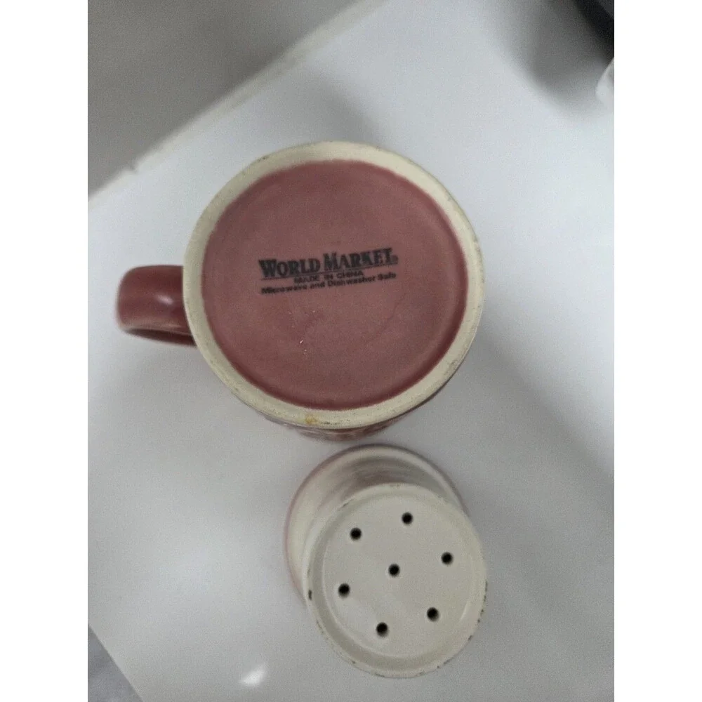 World Market Ceramic Tea Cups Mugs With Infuser Pink/Bordeaux  Floreal embossed